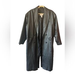 Vintage 80s Black Leather Maxi Trench Coat Long Duster Womens L Goth Oversized